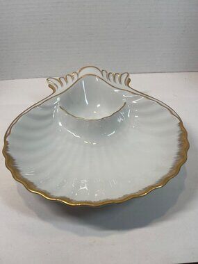 Vintage White Porcelain Shell-Shaped Shrimp Dish with Gold Trim Elegant Serving